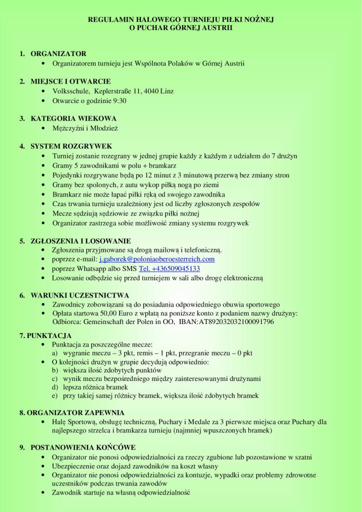 regulamin halowego turnieju piŁki halowej o puchar gornej austrii