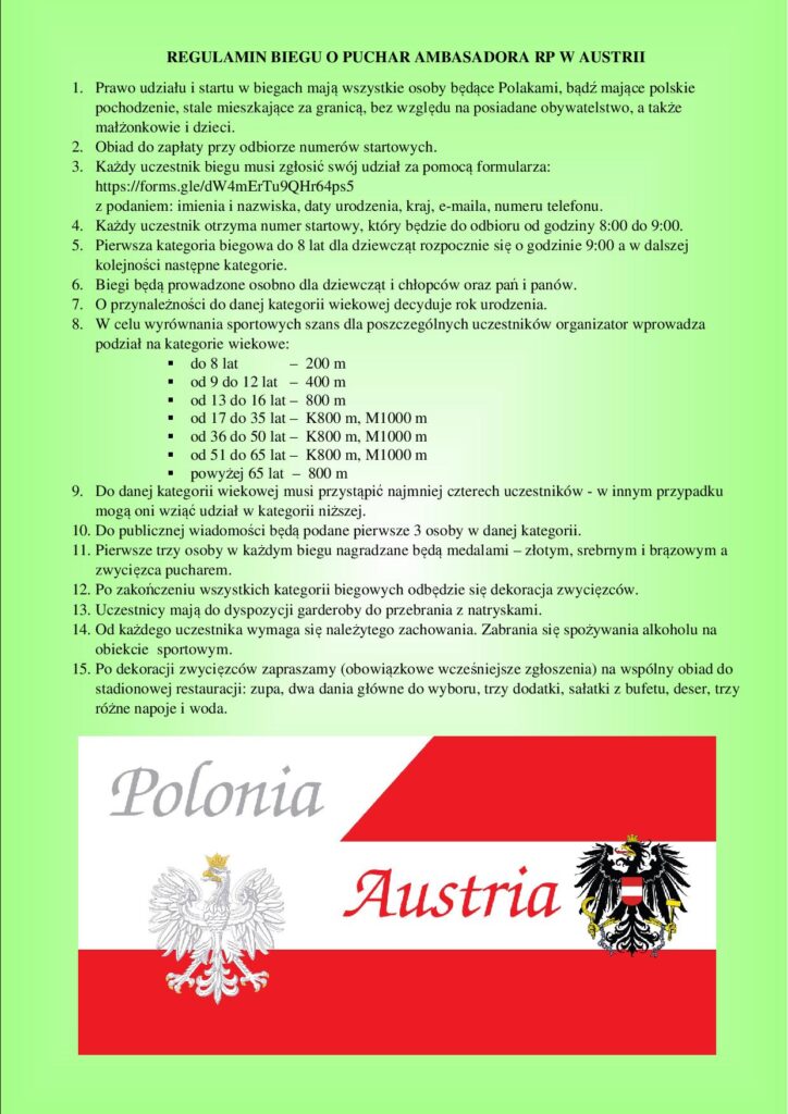 Reglement des 2. Laufs zum polnischen Botschafterpokal in Österreich